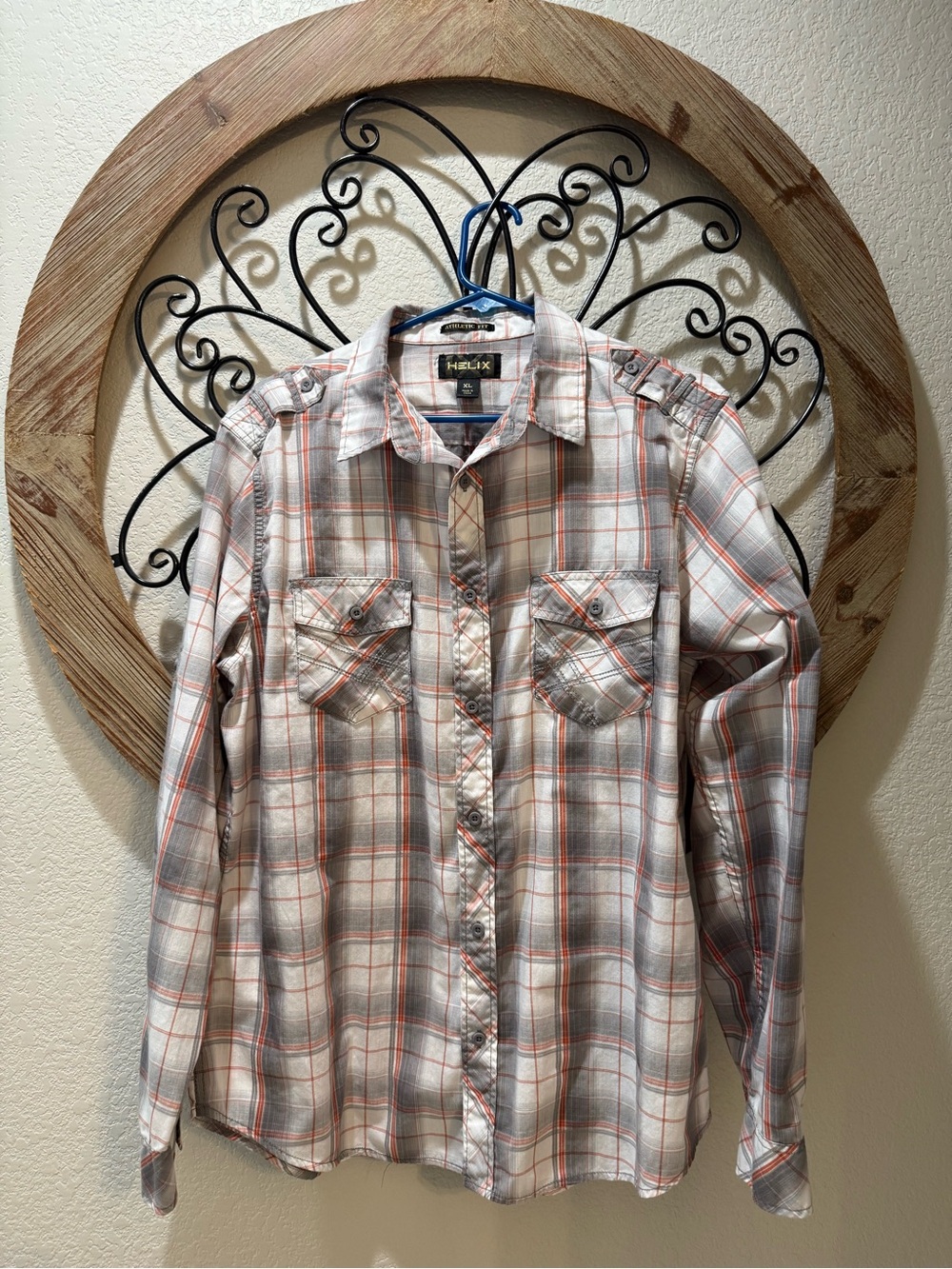 Helix Plaid Button-Down Shirt in Beige, Orange and Gray